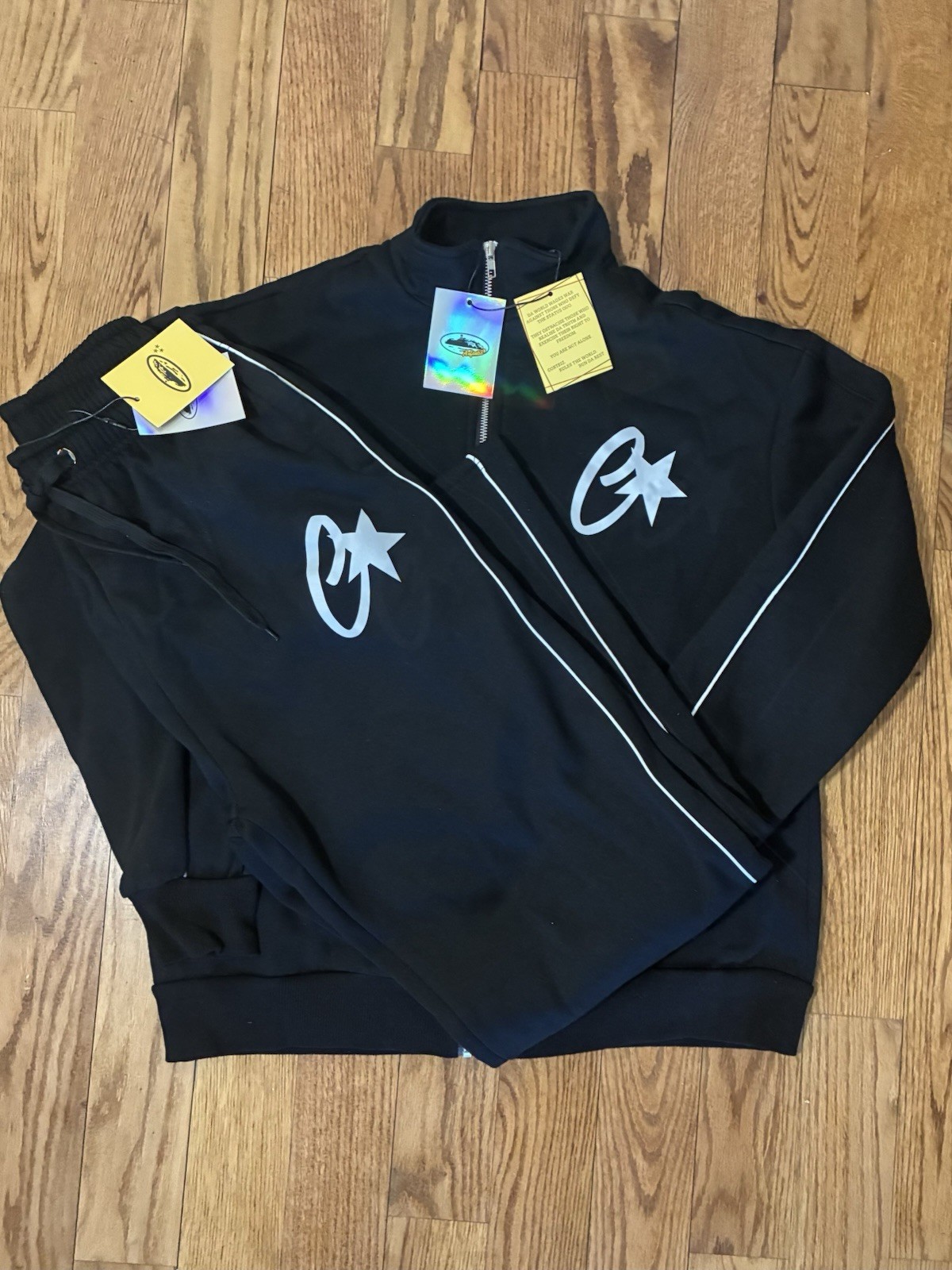 Corteiz Men’s Black Tracksuit Set Medium Reflective Logo Full Zip Jacket & Pants