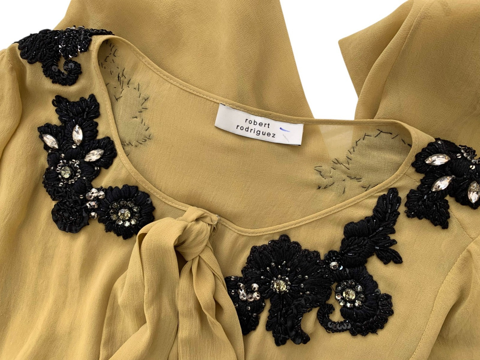 Robert Rodriguez Blouse Embellished Beaded Chiffon Tie Neck Top Size Small