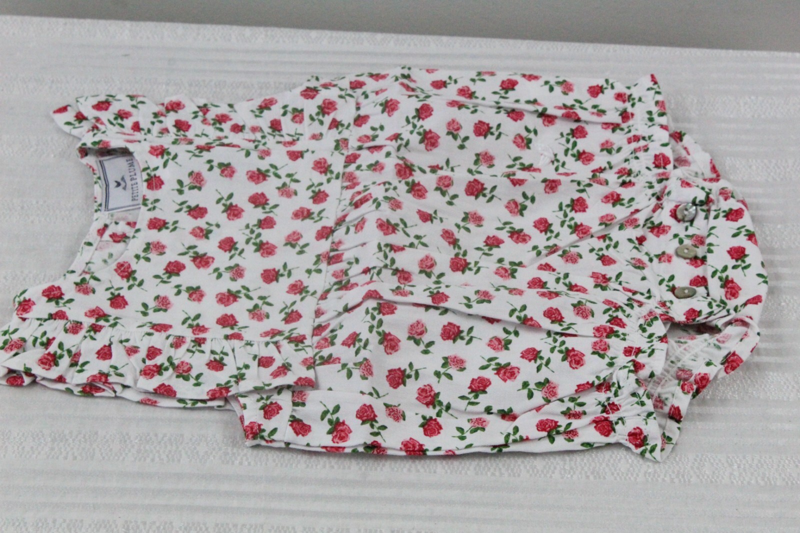 Petite Plume Infant’s Twill Ruffled Romper in Petite Petals 0/3 Months White NWT