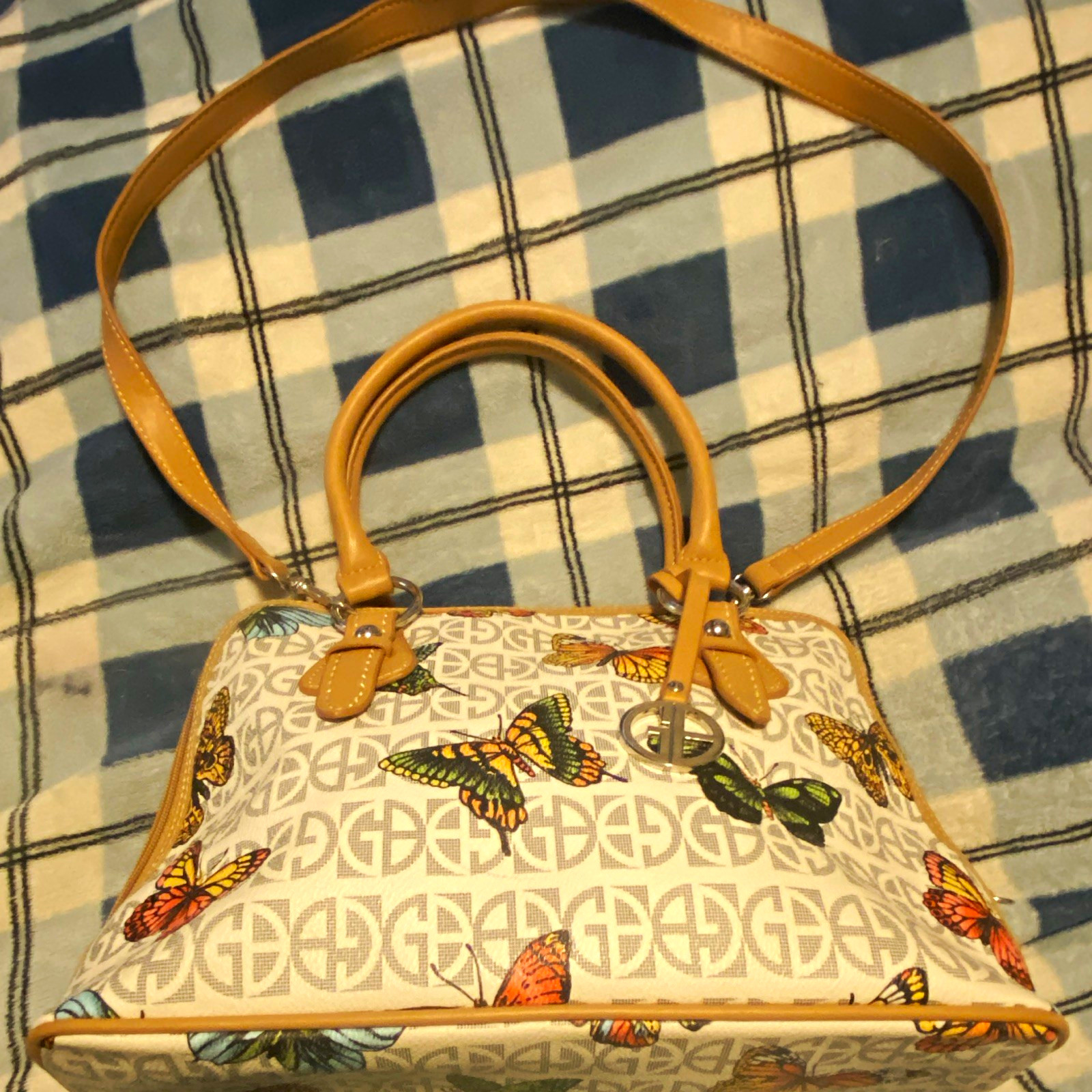 Giani Bernini Monogram Butterfly Medium Satchel Zip Top Handle Detach Strap