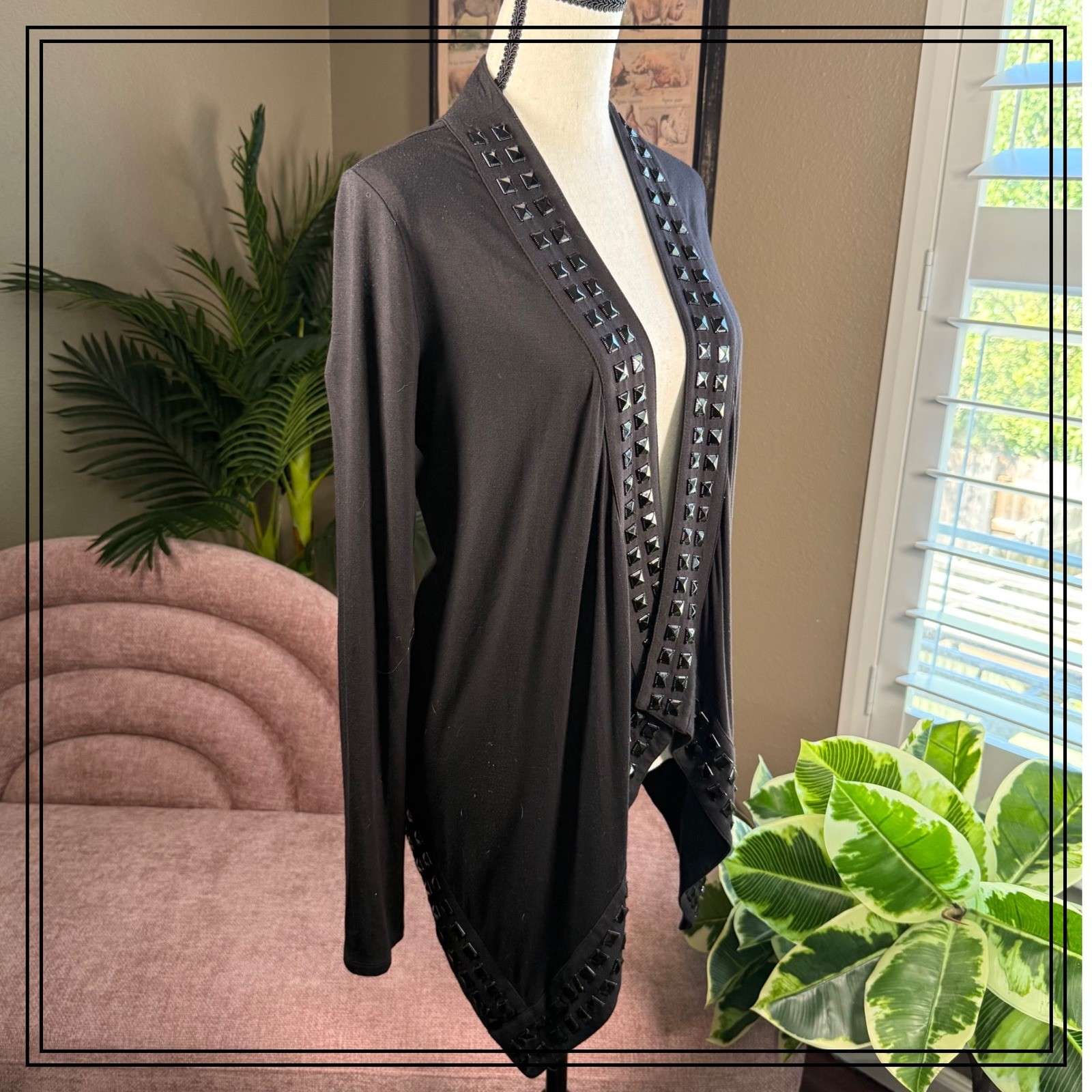 Guess Los Angeles Black Embellished Open Front Cardigan Sweater Size Mei