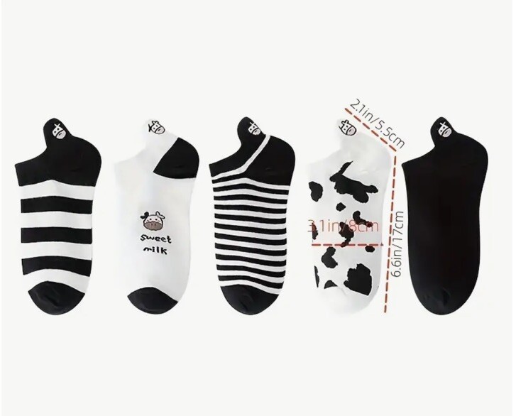 Women’s Cute Cartoon Cow Print Pattern Ankle Socks Fashion Sock Set Of 5