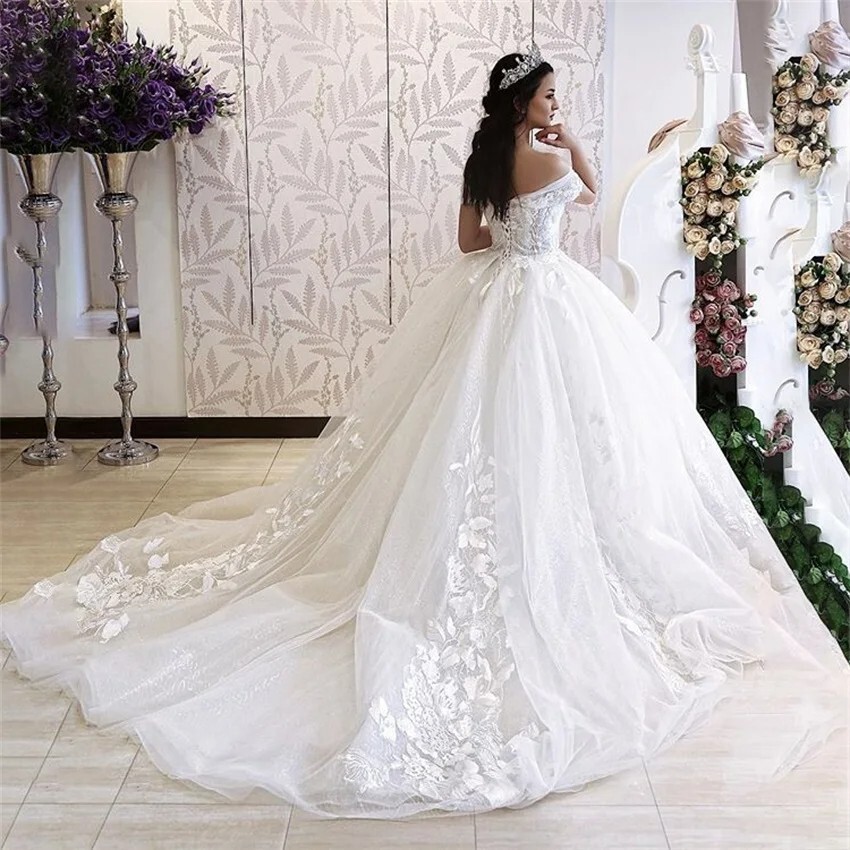 Classic Wedding Dresses A Line Off Shoulder Elegant Sweep Train Bridal Gowns