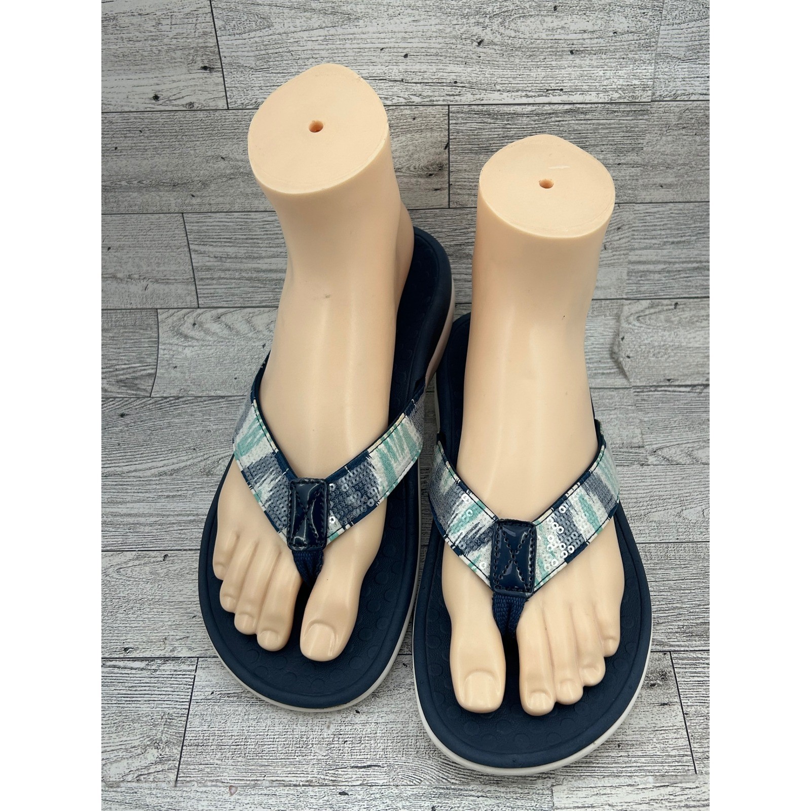 Vionic Tide Sequins Navy Blue Mint Orthotic Thong Sandals Women Size 6 44TIDESQ