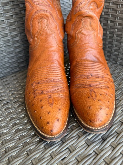 J Chisholm Men’s Size 11D Full Quill Ostrich Leather Cognac Cowboy Boots