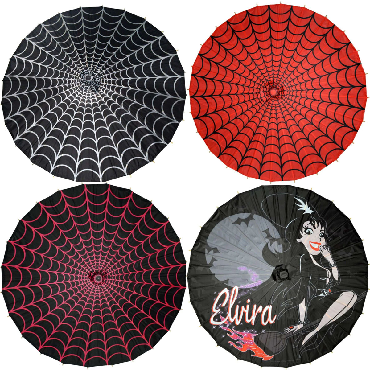 Kreepsville 666 Fabric Shade Parasol Bamboo Handle 32″ Wide Spiderweb Elvira NWT