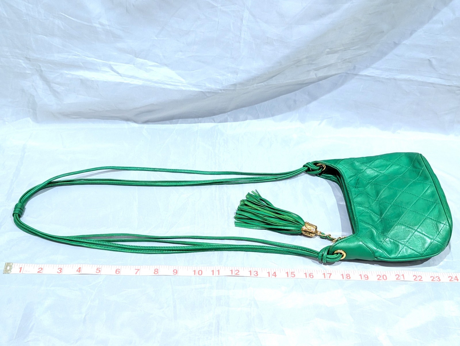 CHANEL CC Logo Fringe Charm Mini Shoulder Bag Lamb Leather Green VTG JPN