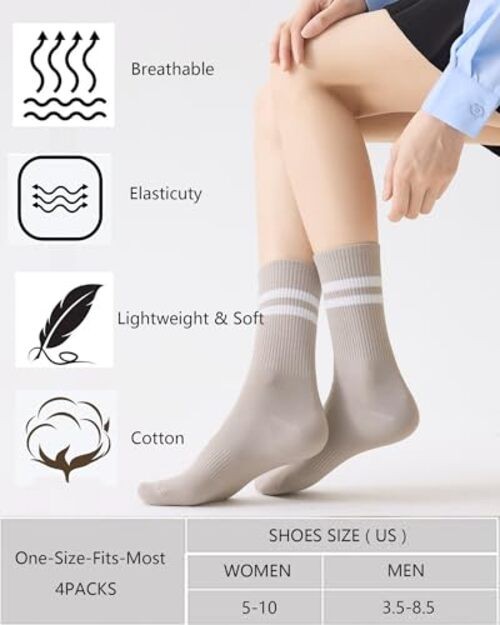Womens Striped Crew Socks，Casual Long Athletic 4pairs-white Black Grey Khaki