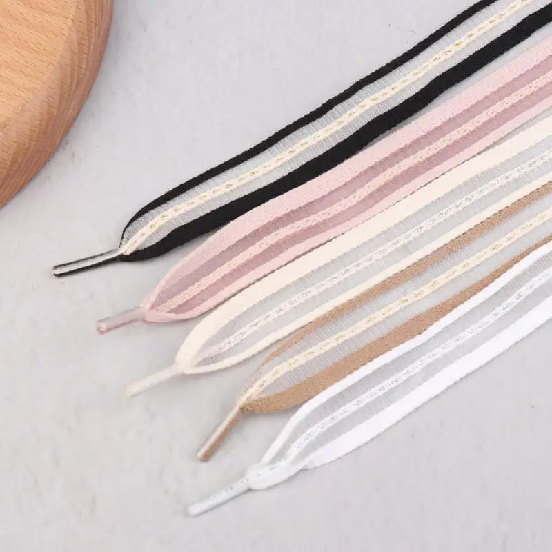 1pair 2cm Bow Wide Flat Shoelaces Fish Silk Transparent Striped Shoelaces Sneake