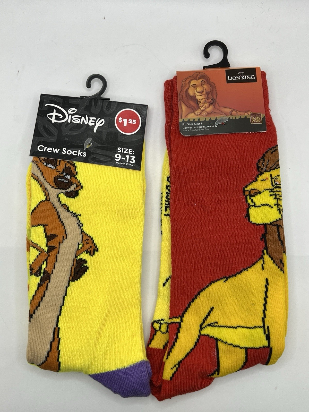 NWT Disney The Lion King Crew Socks Lot of 2 Timon Yellow Mufasa Red 6-12 9-13