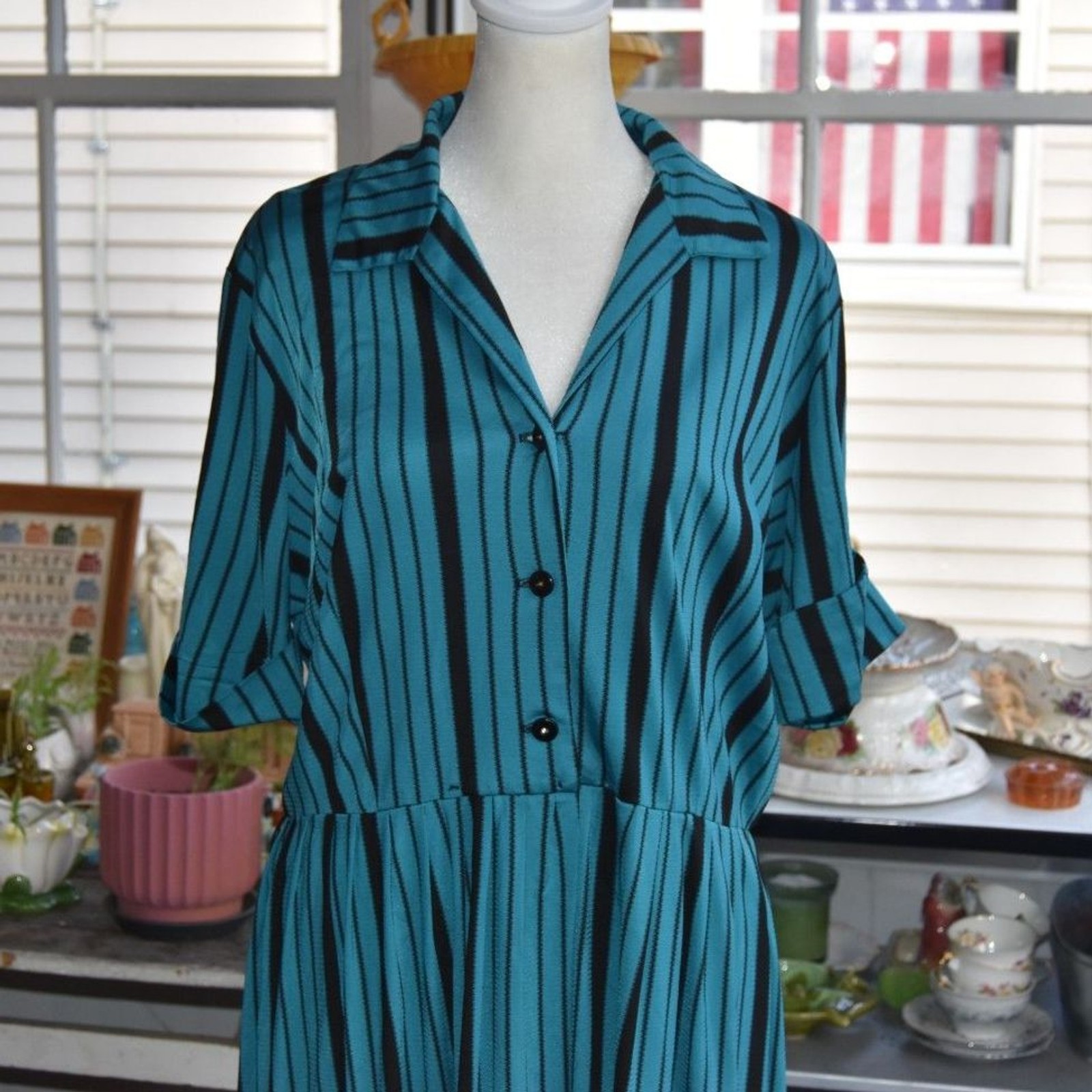 Vintage 60s Mode O’Day Mod Stripe Dress Blue Black Shirtwaist Midi L