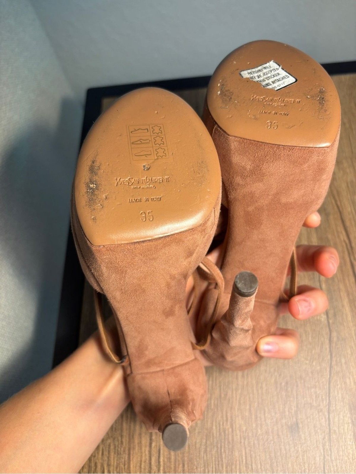 Yves Saint Laurent YSL Heels 35 US 5 Tan Suede Rosette Flower Ankle Tie Platform