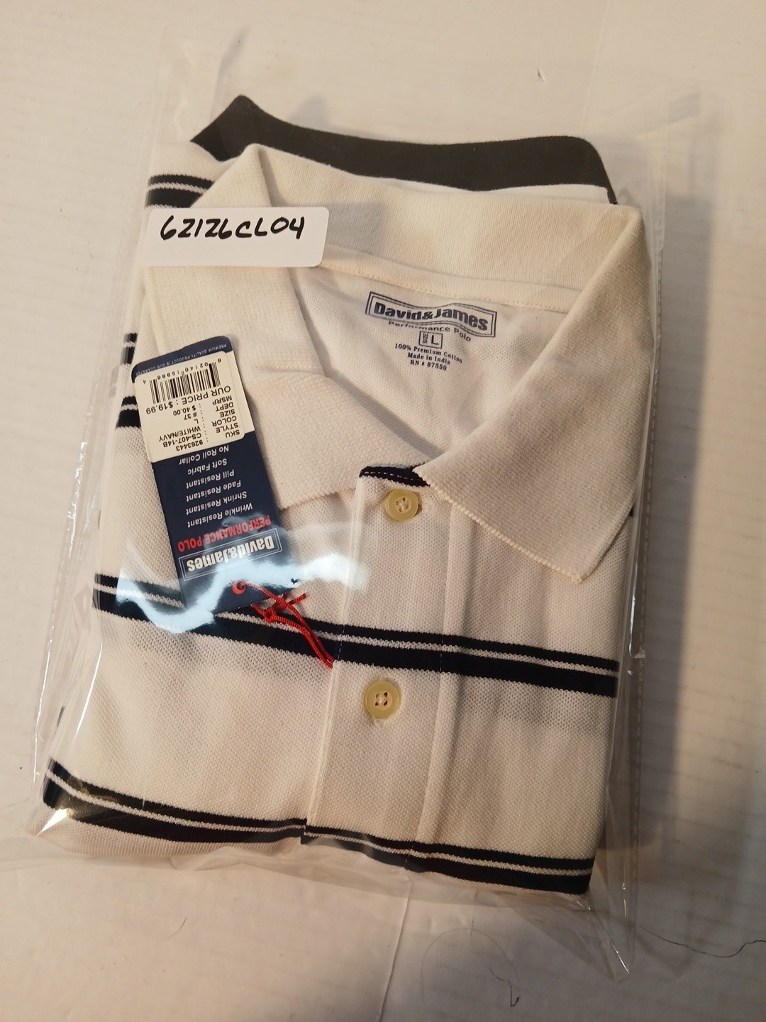 Two Mens PERFORMANCE POLO David & James B&W/W&B Striped Sz Lg
