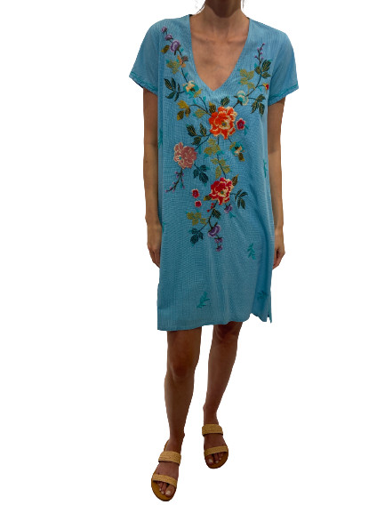 Johnny Was Adele Drape Tunic Dress Plaid Floral Embroidered Flowers Blue NEW