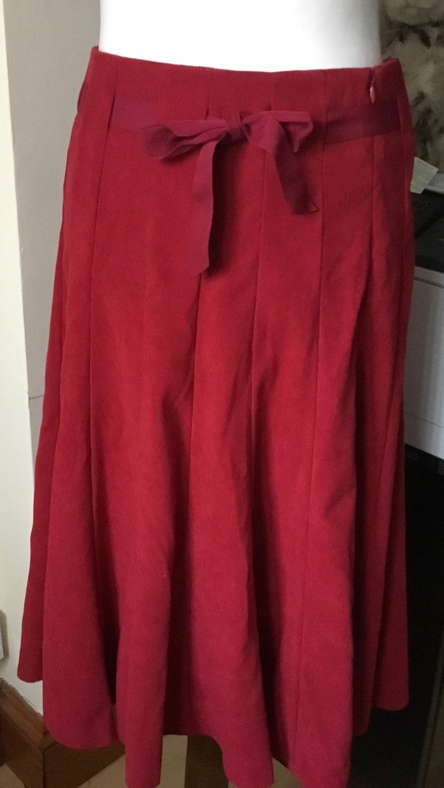 Vintage,BHS,deep red,suedette,ribbon tie belt,pleated a-line skirt size 12