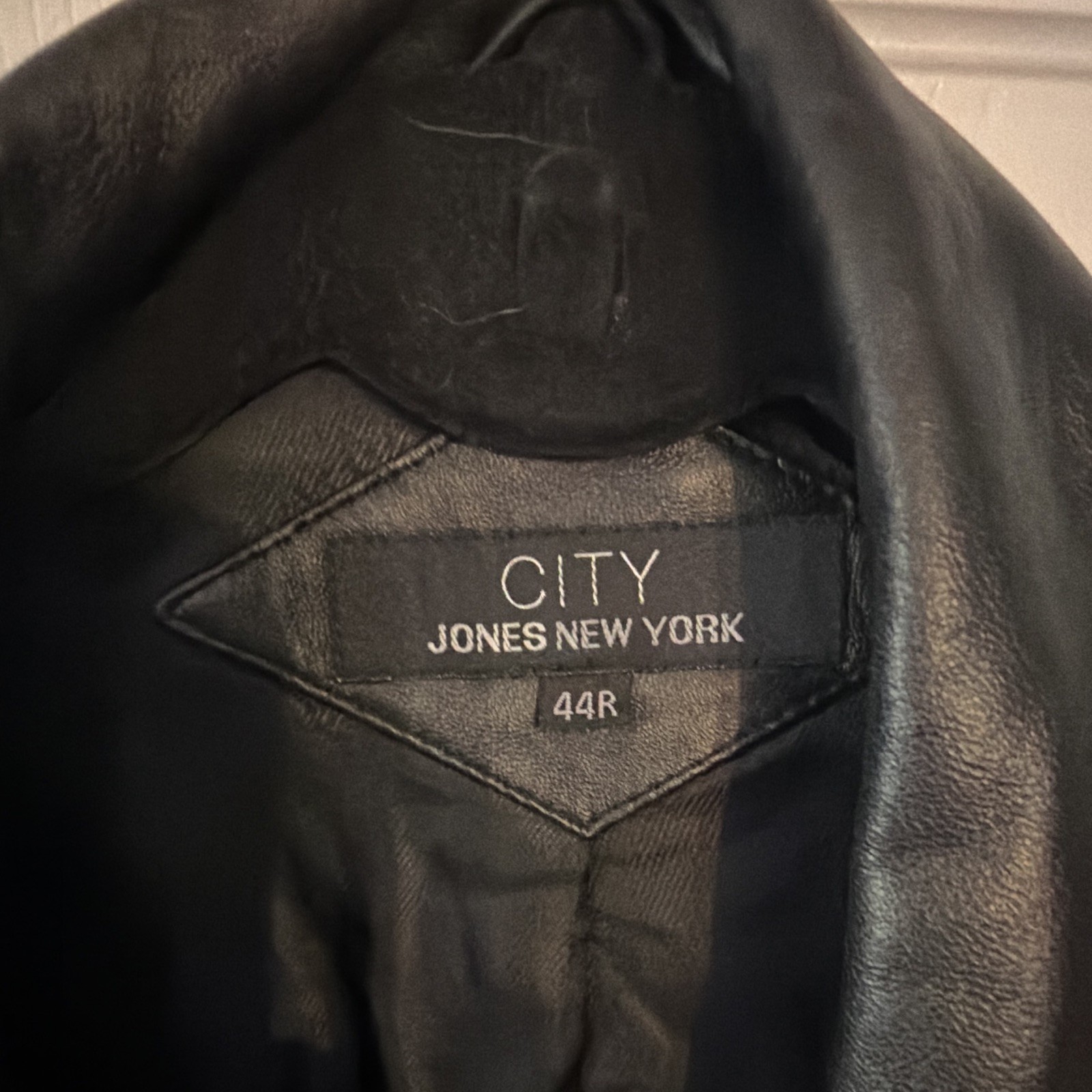 City Men’s Black Leather Blazer Jacket, Notch Collar Button Front, 44R
