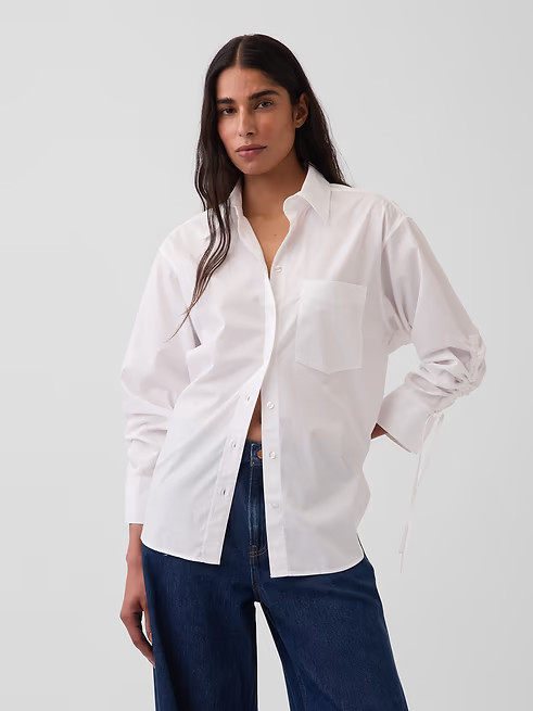 NEW – GAP, Organic Cotton Poplin Oversized Ruched-Sleeve Shirt – SALE OFF