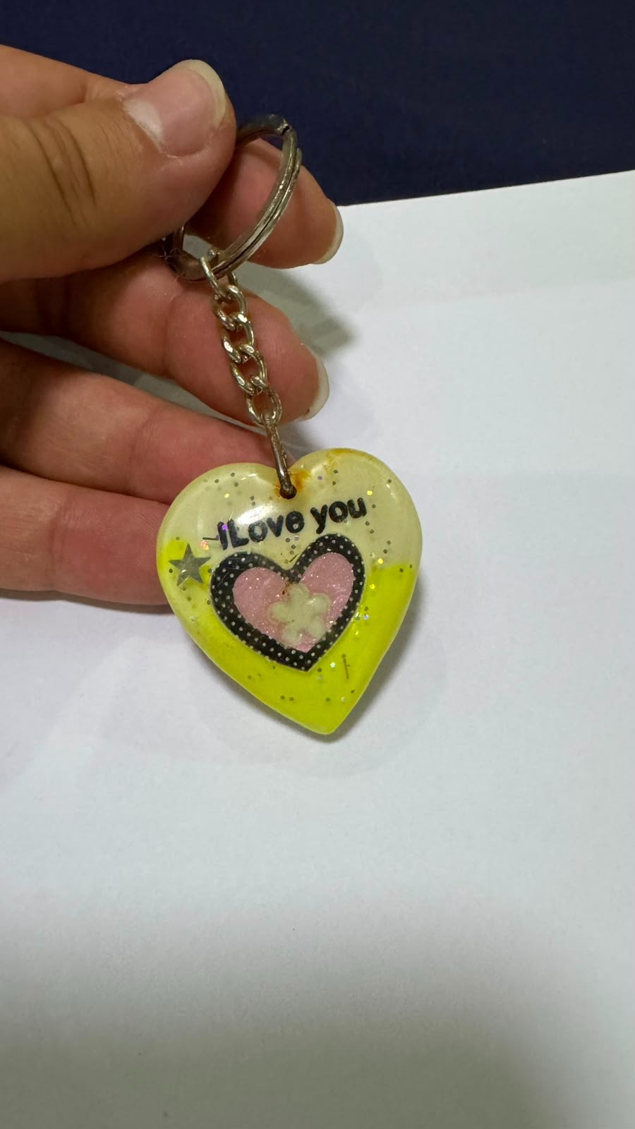 Vintage Heart Keychain I Love You Resin Glitter Charm Gift Bag Purse Pendant