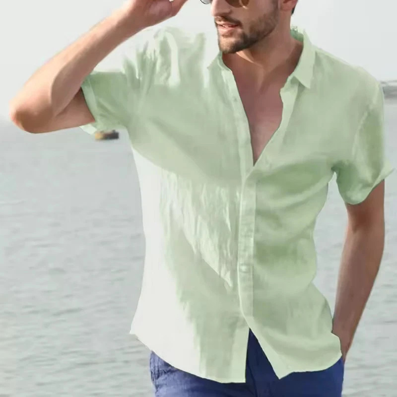 Men’s Summer Linen Short Sleeve Shirt Casual Solid Button-Down
