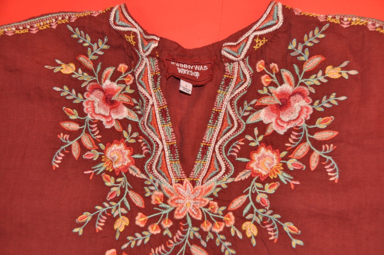 Johnny Was Alise 100% Ramie Embroidered V-Neck Mini Dress in Maroon size:L