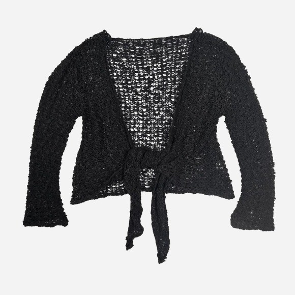 Black gray crochet tie front cardigan / LG / open knit texture boho whimsigoth