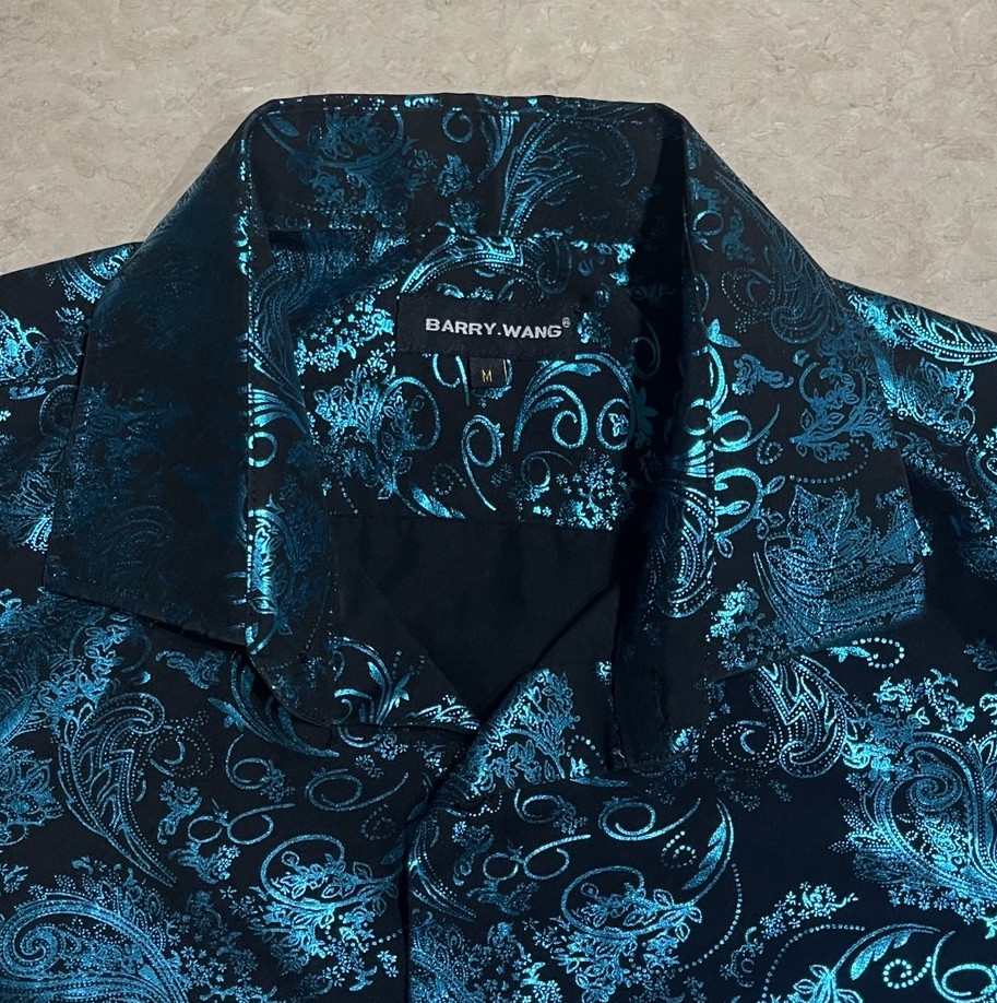 Barry Wang Men’s Blue & Black Paisley Print Button Down Front Dress Shirt Sz M