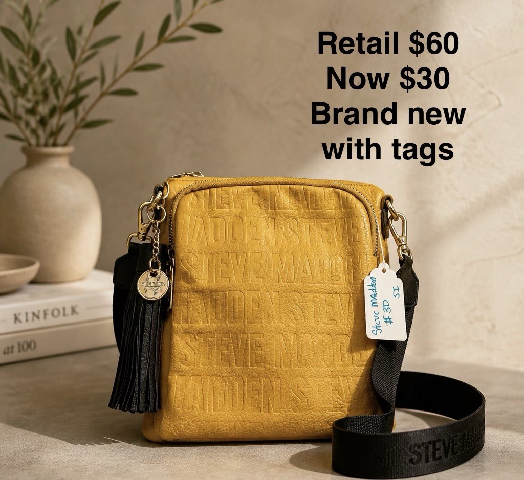 Steve Madden Women’s Yellow Logo Embossed Crossbody Bag, Zip, Tassel, Gold
