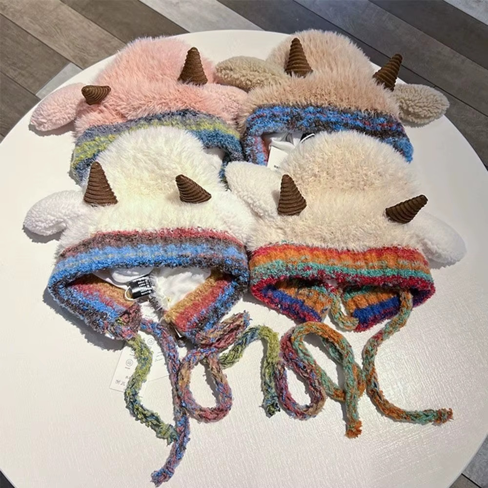 Cute Thick Plush Knitted Hat Girls Winter Warm Ear Protection Beanies Hat Women
