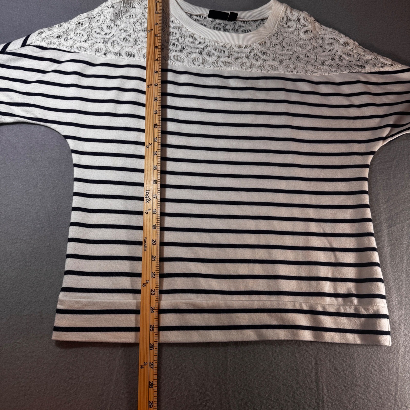 ana A New Approach Striped Lace Yoke Batwing Sleeve Top White Navy Large
