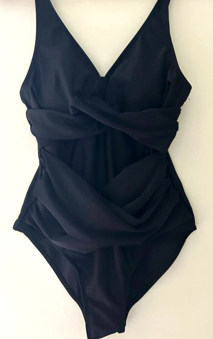 Tummy Control One Piece Women Swimsuit with V Neck Black Beach Pool Bathing