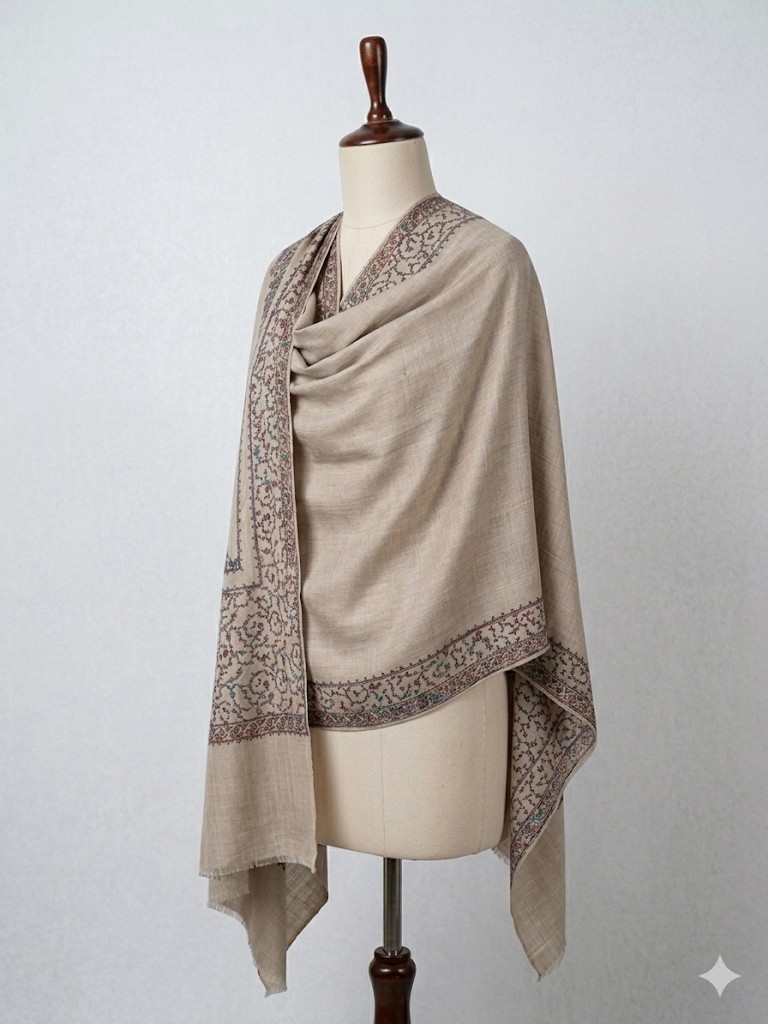 Kashmiri Embroidered Pashmina Shawl / Wrap Beige color hand made size 80″.x 29″.