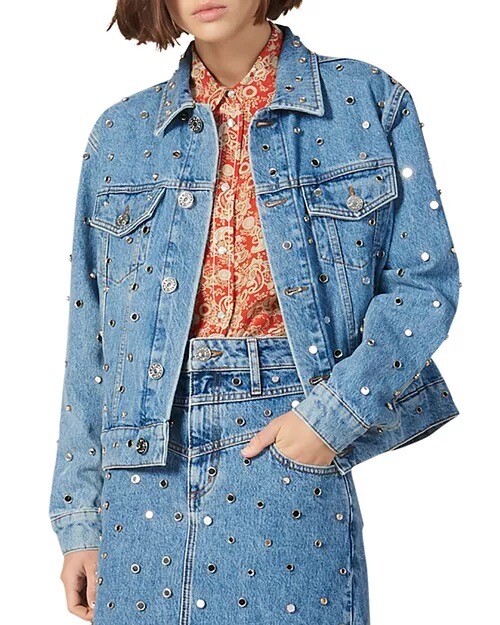 Sandro Paris Blue Denim Jacket With Studded Mirrors- UK 6- Fits UK 6-10 Relaxed