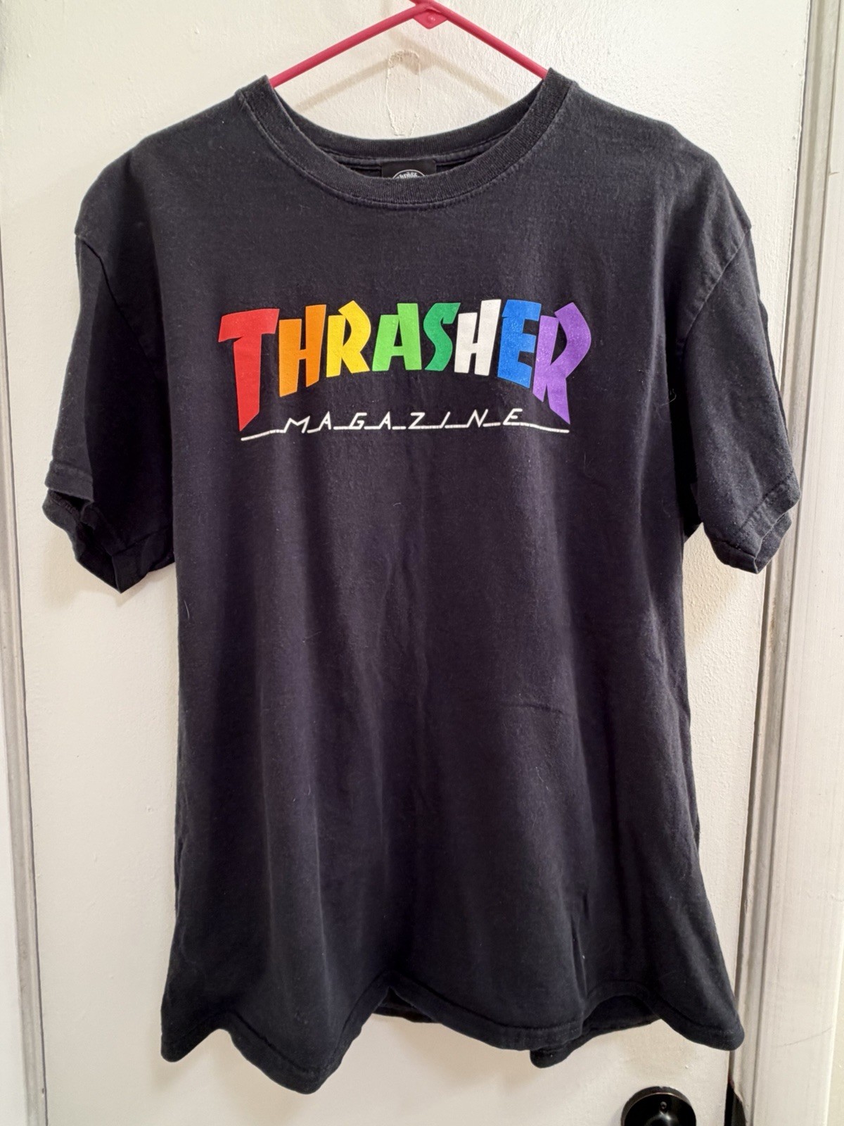 Thrasher Rainbow Logo Graphic Print Black Cotton Crew Neck T-Shirt L
