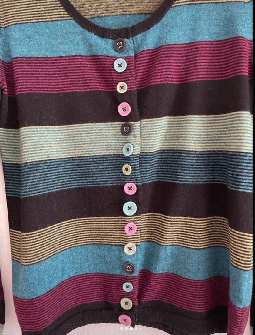 East Striped 100% Fine Wool Cardigan Jumper Unusual Button Design Size M 14
