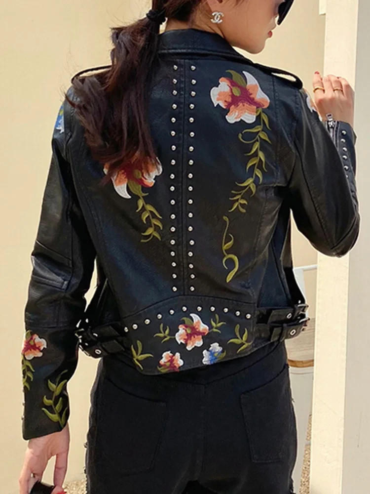 Embroidered Leather Jacket Flowers Embroidery PU Faux Leather