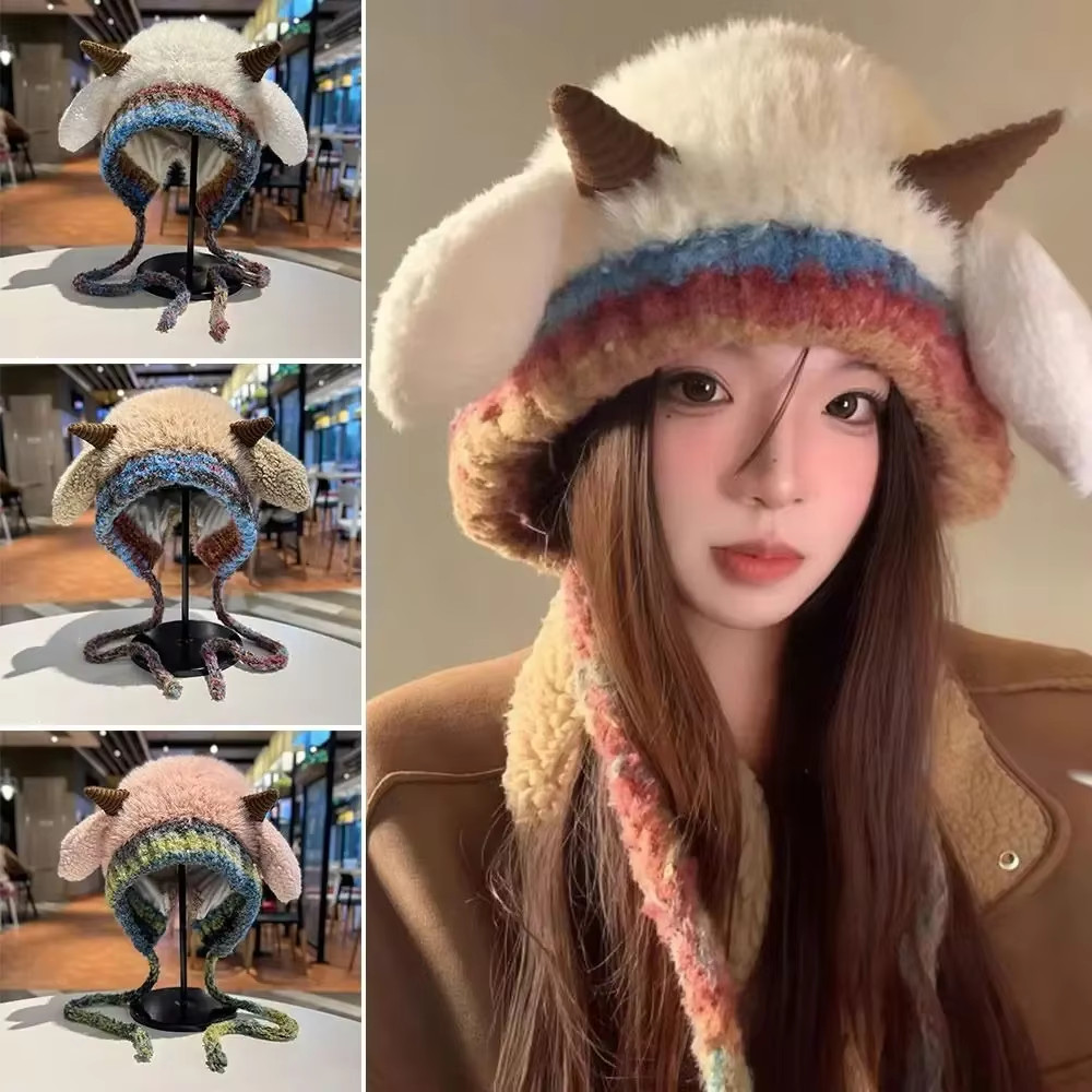 Cute Thick Plush Knitted Hat Girls Winter Warm Ear Protection Beanies Hat Women