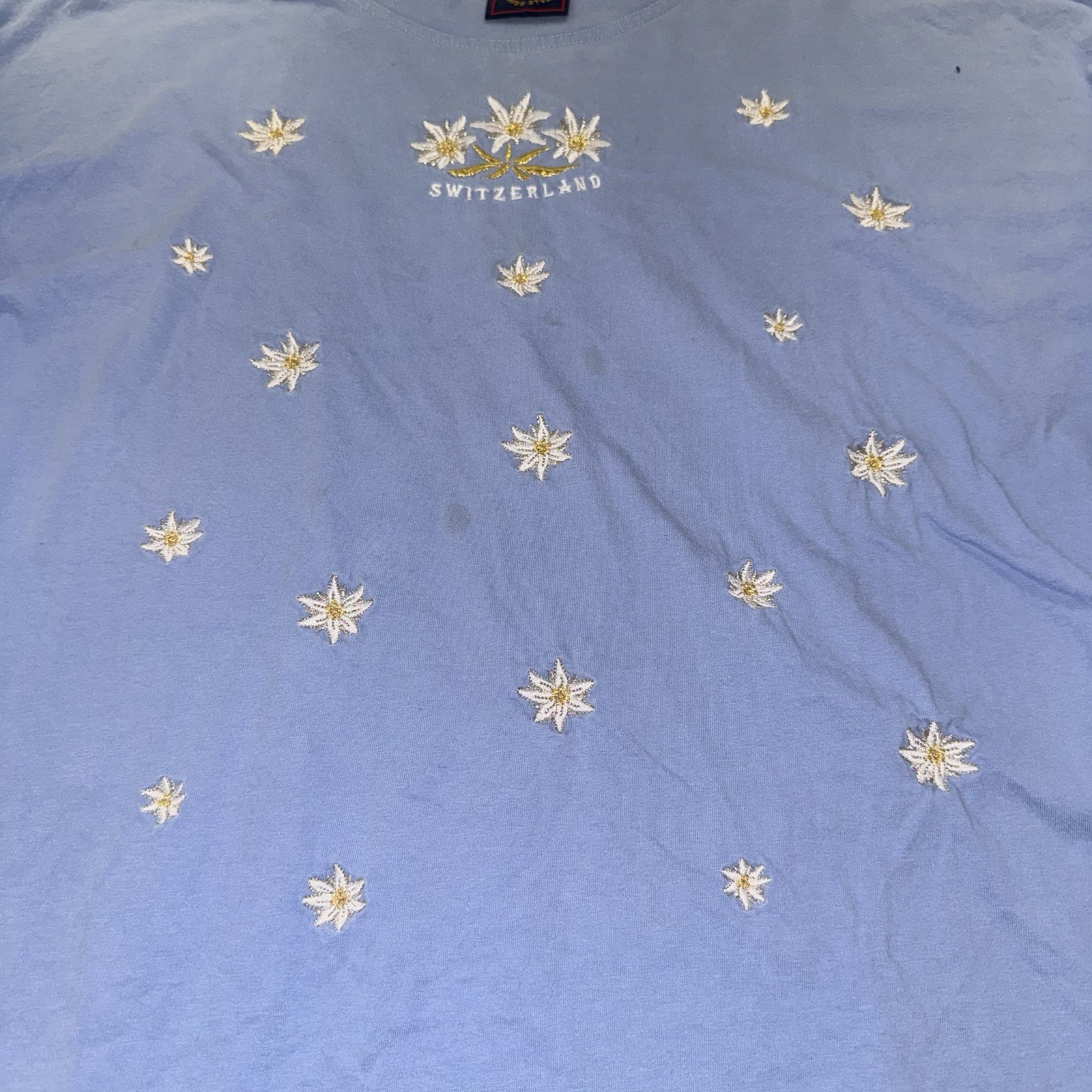 Ronwhil Men’s XL Blue Switzerland Embroidered Knit Cotton Crew Neck T-Shirt