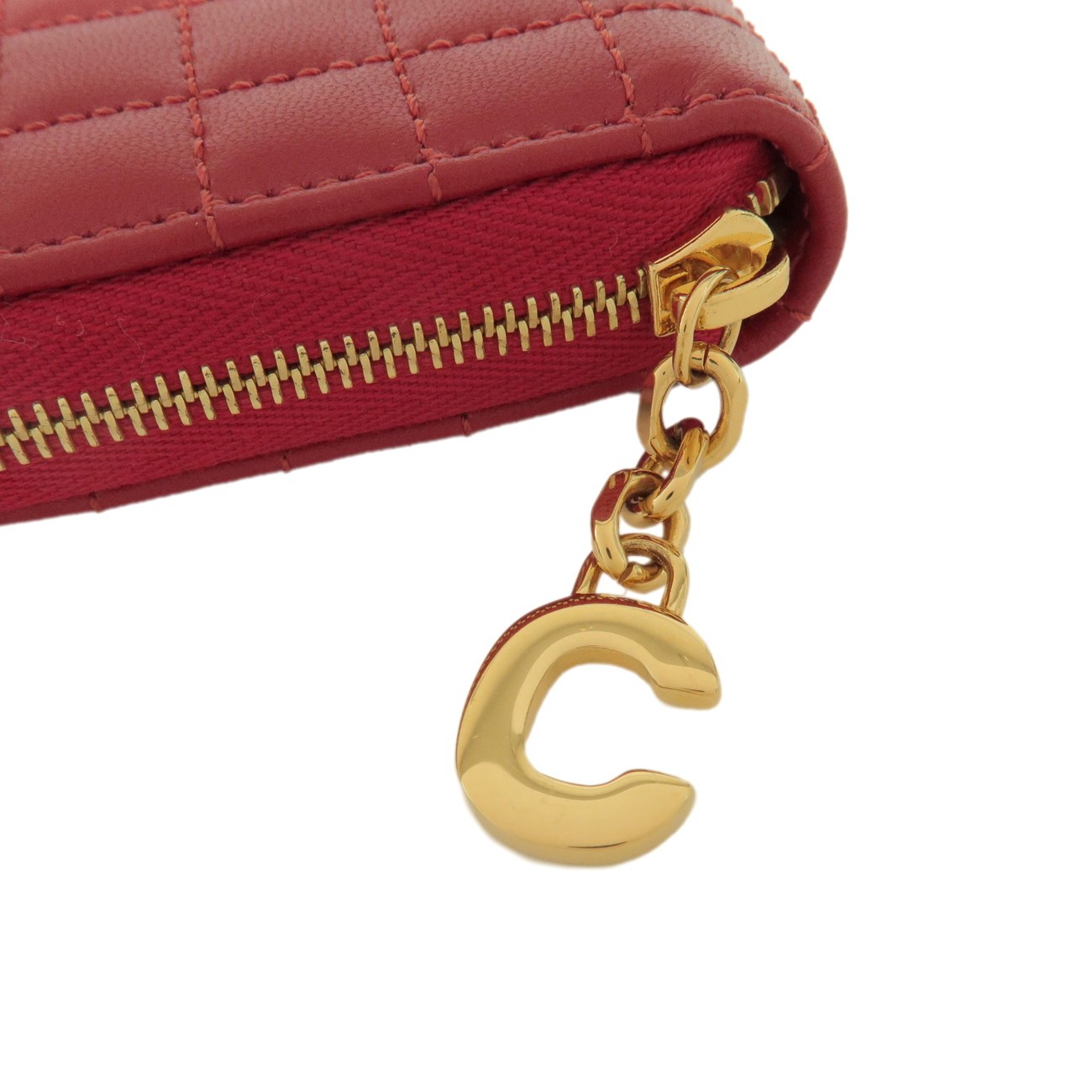 CELINE Leather Compact Zippy Wallet Coin Case C-charm Red Authentic Used F/S