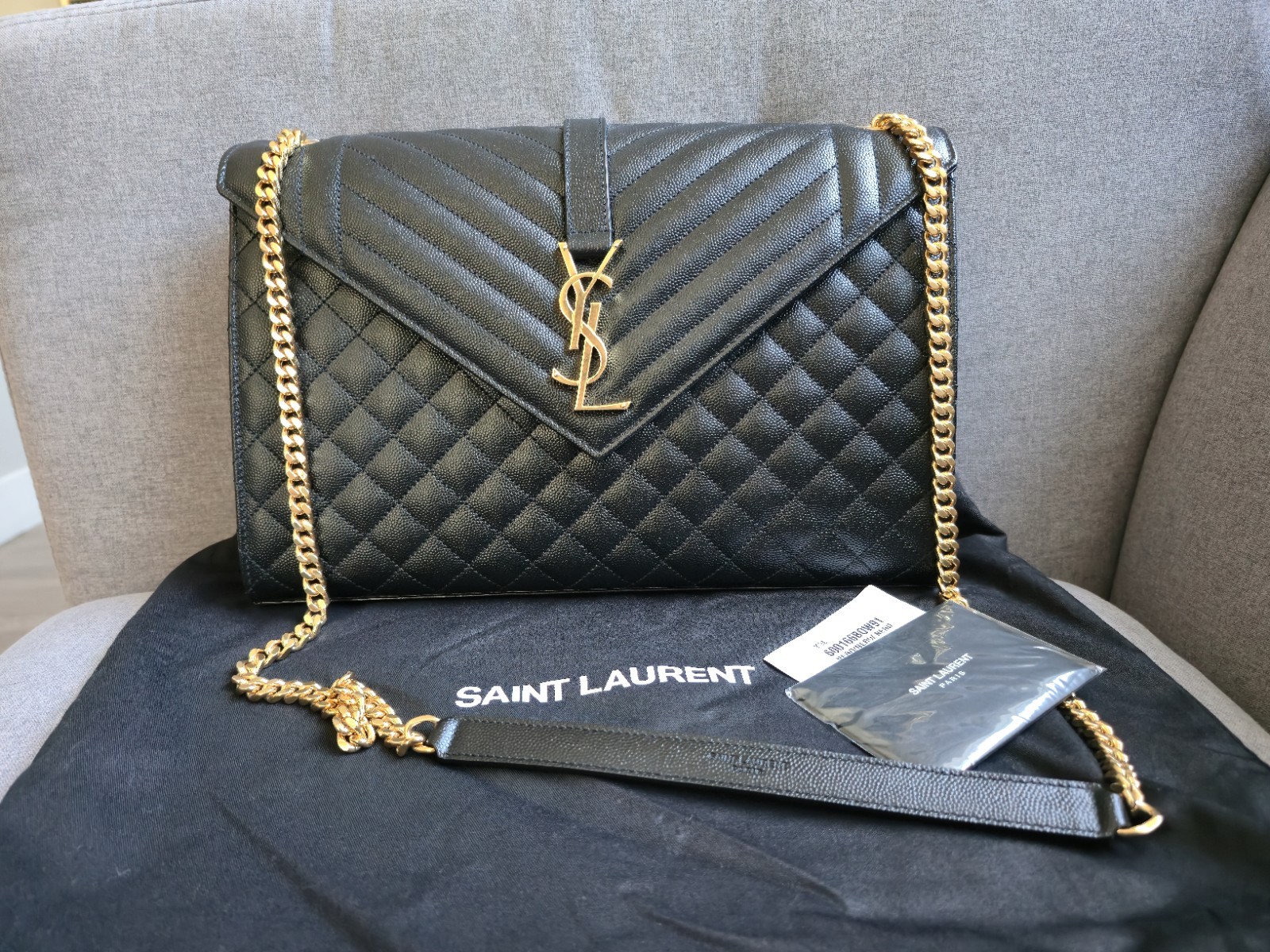 Saint Laurent Large Envelope Flap Bag Black Grain Leather GHW 600166 Auth