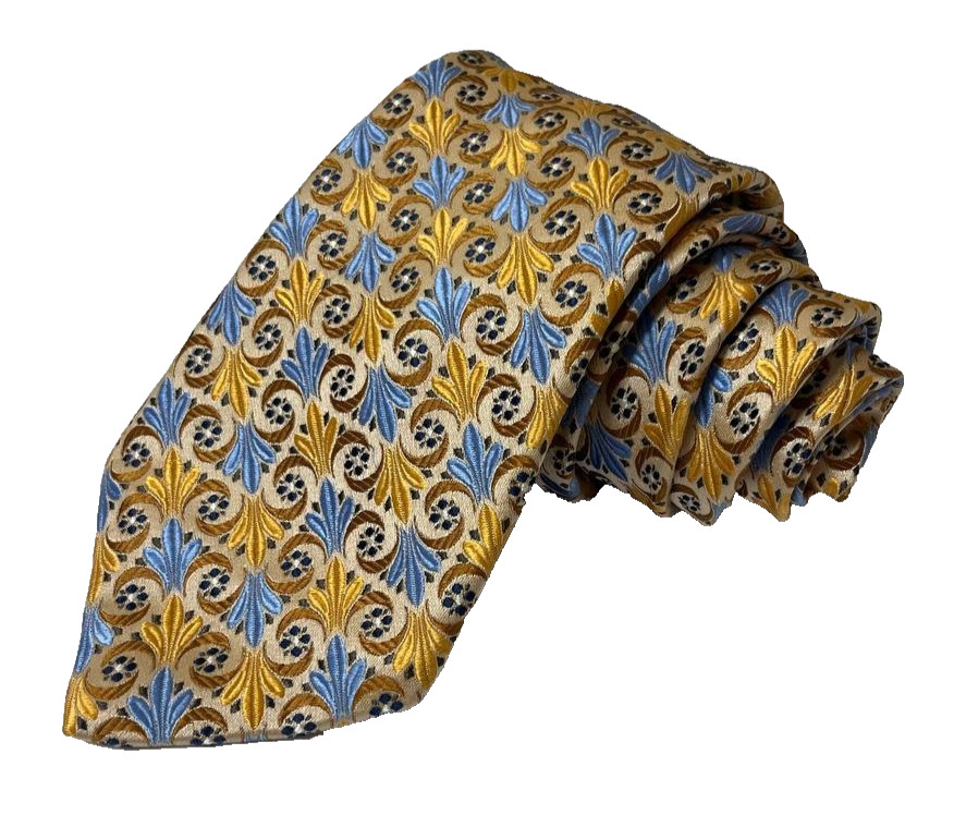 Stefano Milano 100% Silk Tie Made in Italy Gold Blue Floral Medallion Necktie Cl