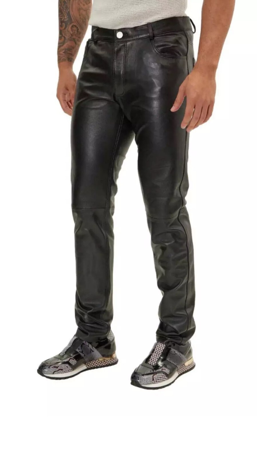 Mens Biker Jeans Real Black Or Cow Leather Sleek And Sexy 501 Style Pants New.