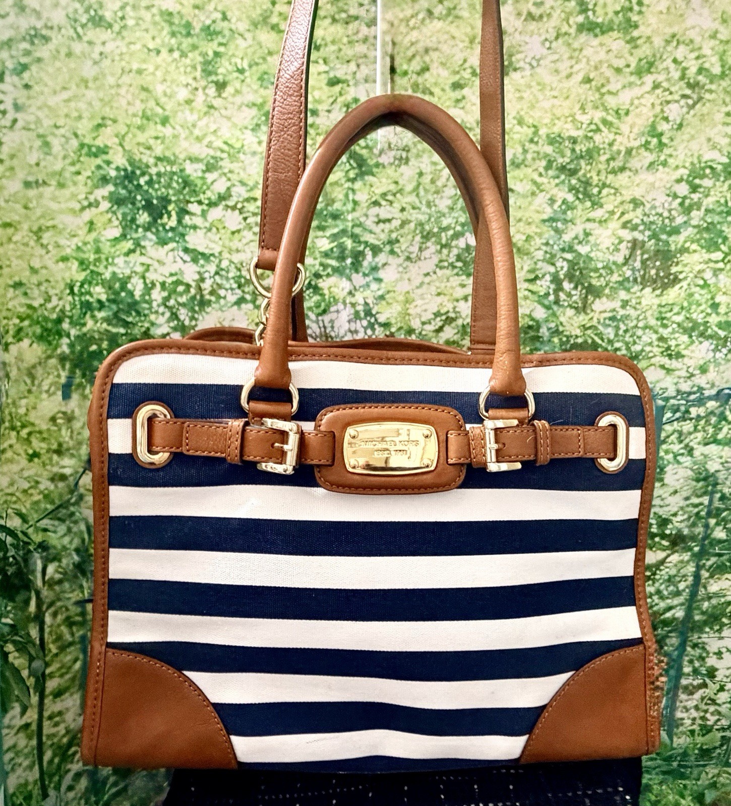 Michael Kors Hamilton Large Tote Satchel Striped Canvas Navy Blue White Leath