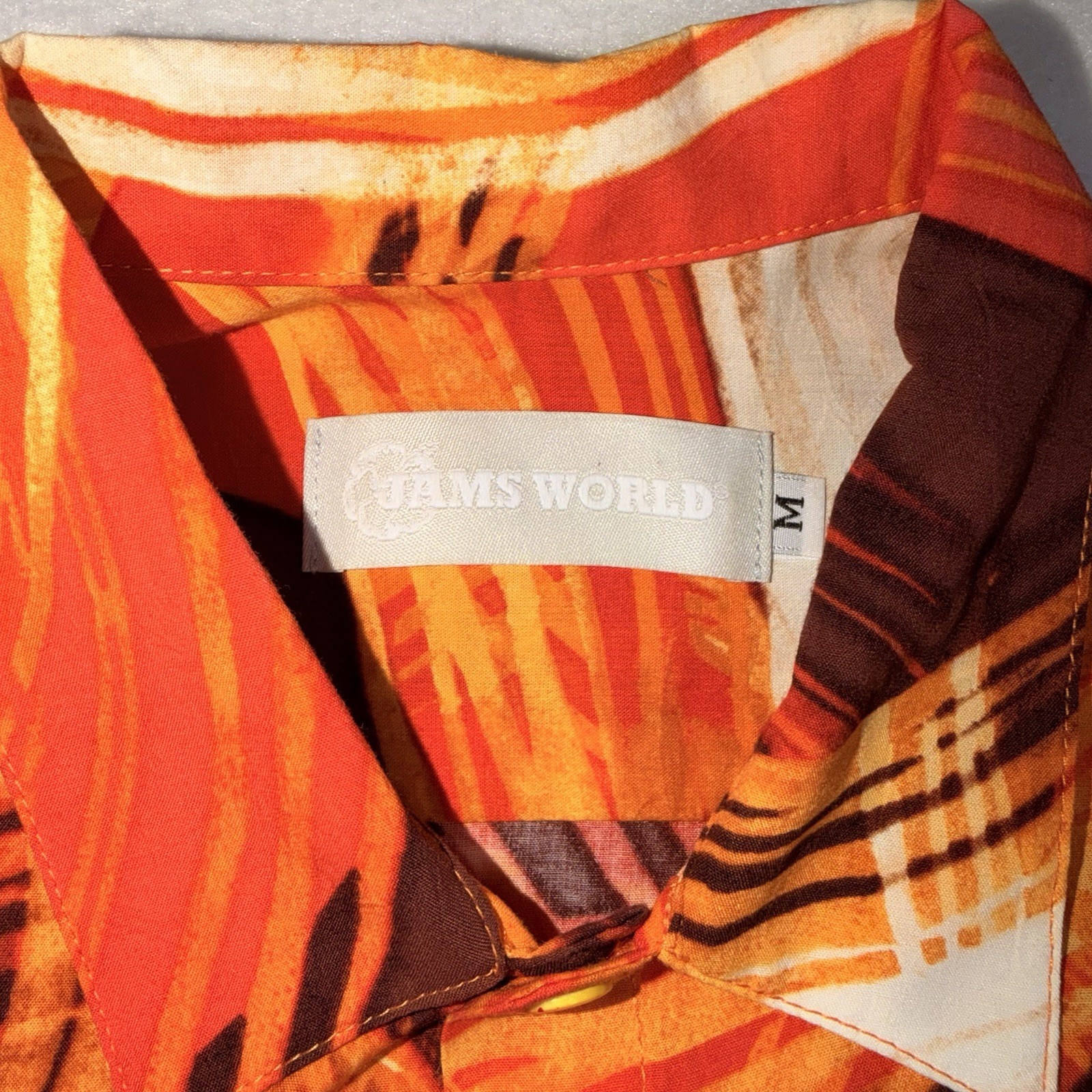 Vintage Jams World Hawaii Rayon Hawaiian Shirt Abstract Orange USA Mens M