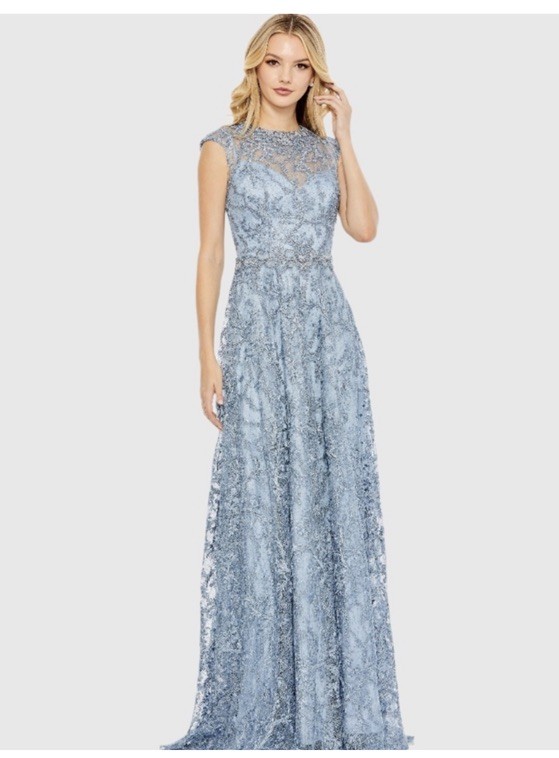 Mac Duggal 79430 Embroidered Cap Sleeve A Line Gown Slate Blue NWT 16 Beaded