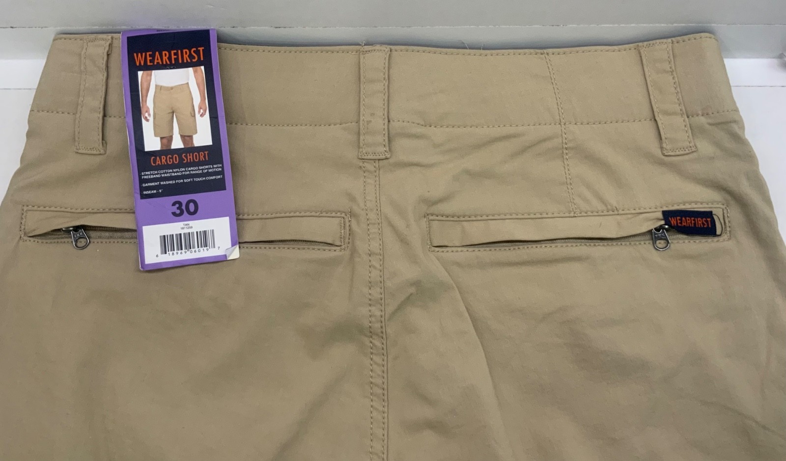 WEARFIRST 30” W x 9”L 11” rise CARGO SHORTS ELASTIC waist 6 pockets (2 zip) TAN