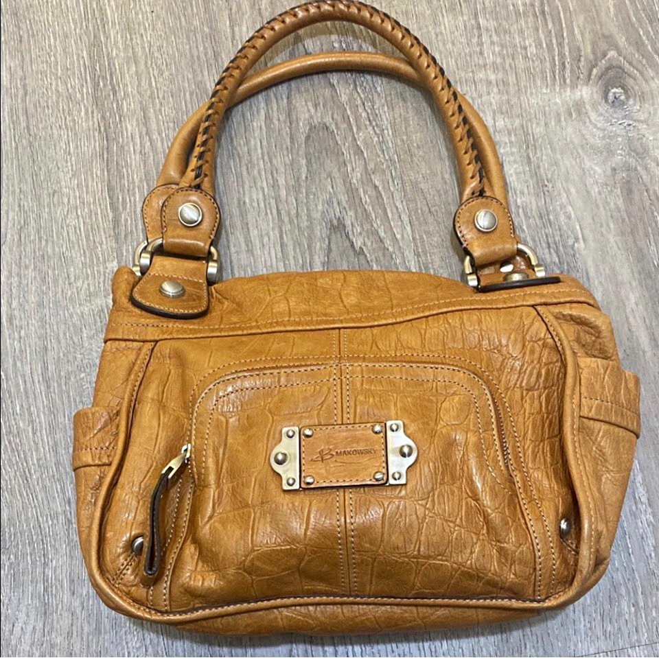 B. Makowsky Brown Top Handle Satchel Zip Leopard Print Lining Pockets