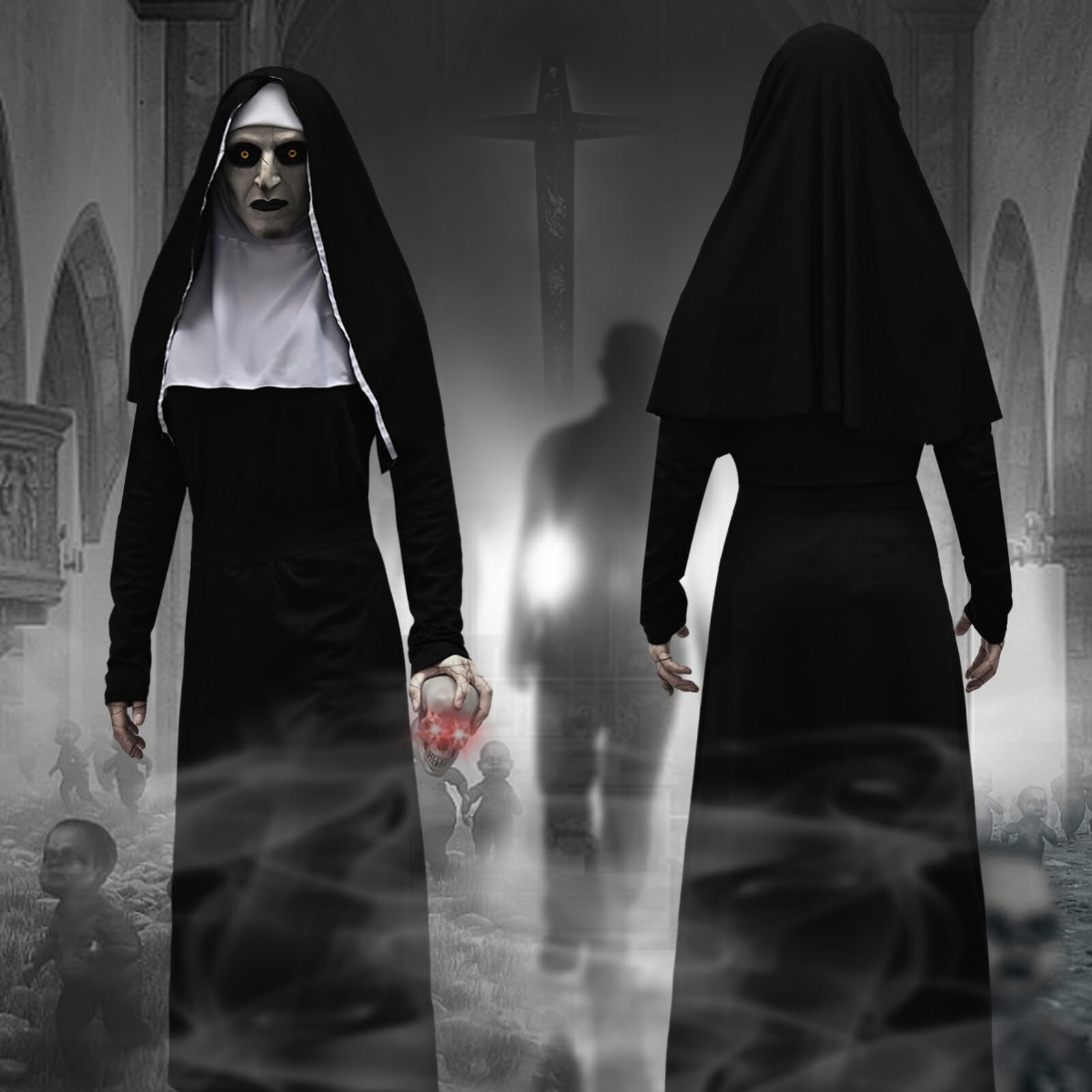Halloween Horror Scary Nun Black Robe Suit + Mask Costume Cosplay w/Hood & Cross