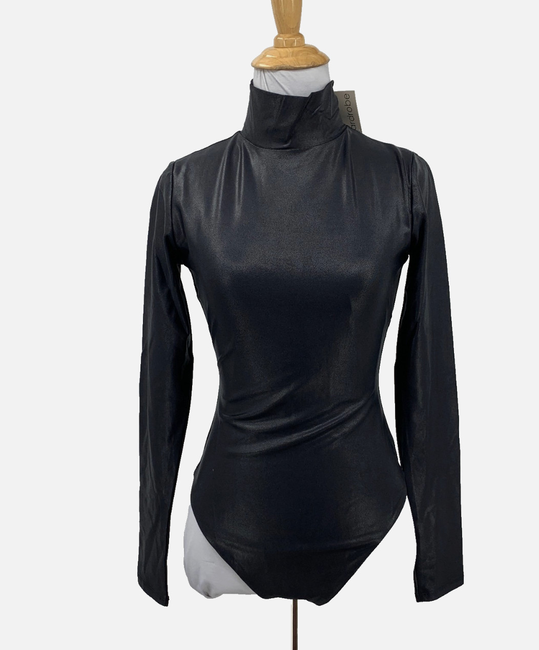 Naked Wardrobe Bodysuit Women L Medium Black Turtleneck Faux Leather Long Sleeve