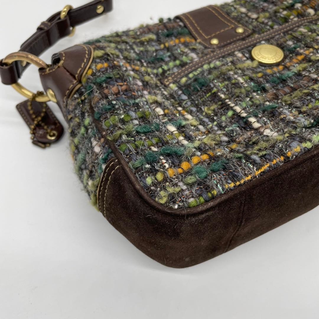 COACH 8F18 Shoulder Bag Handbag Wool Leather Suede Multicolor Brown Green Blue