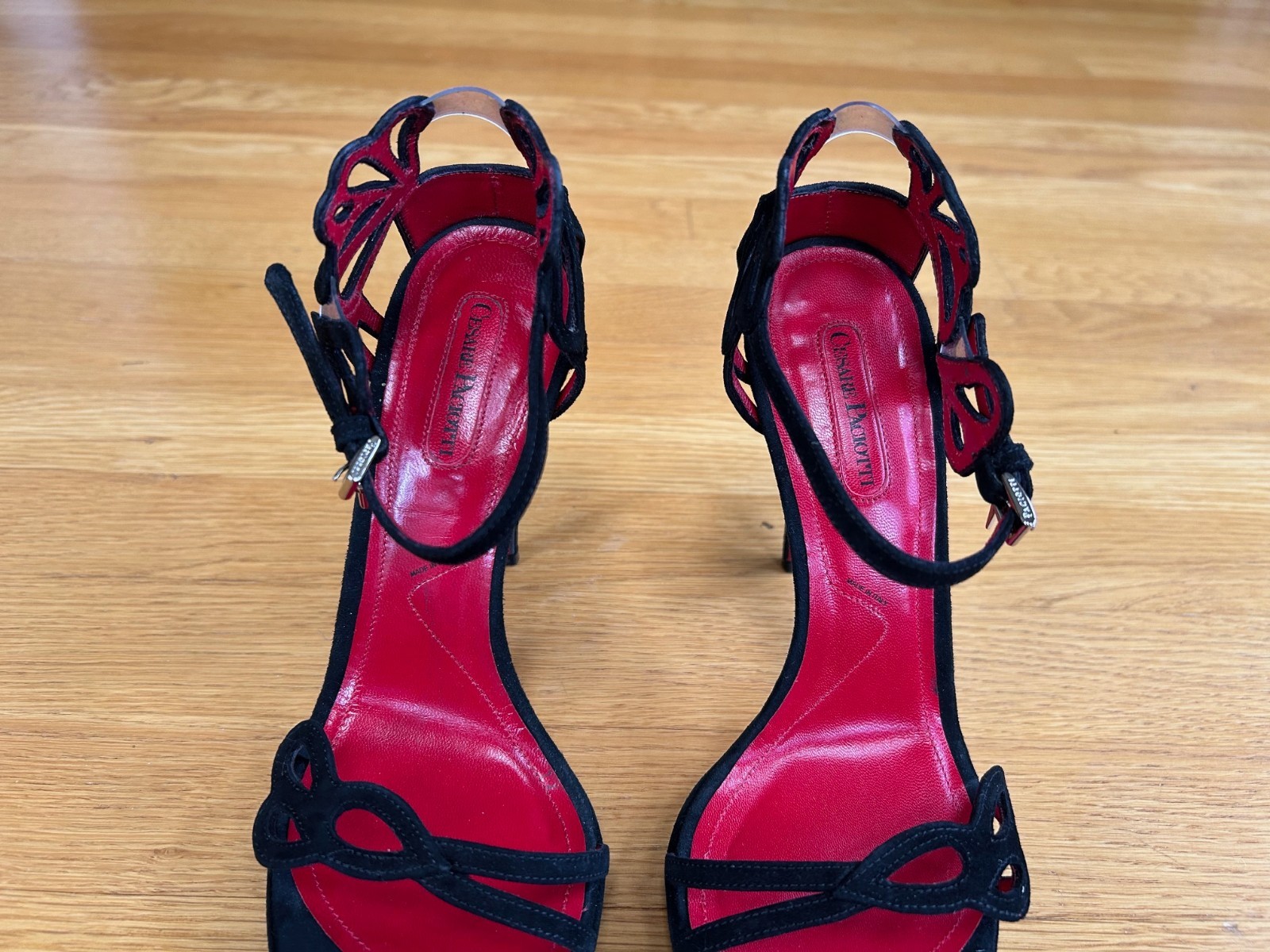 CESARE PACIOTTI Black Suede Butterfly Laser-Cut Sandals SZ 8.5 IT 38.5 Good &Box